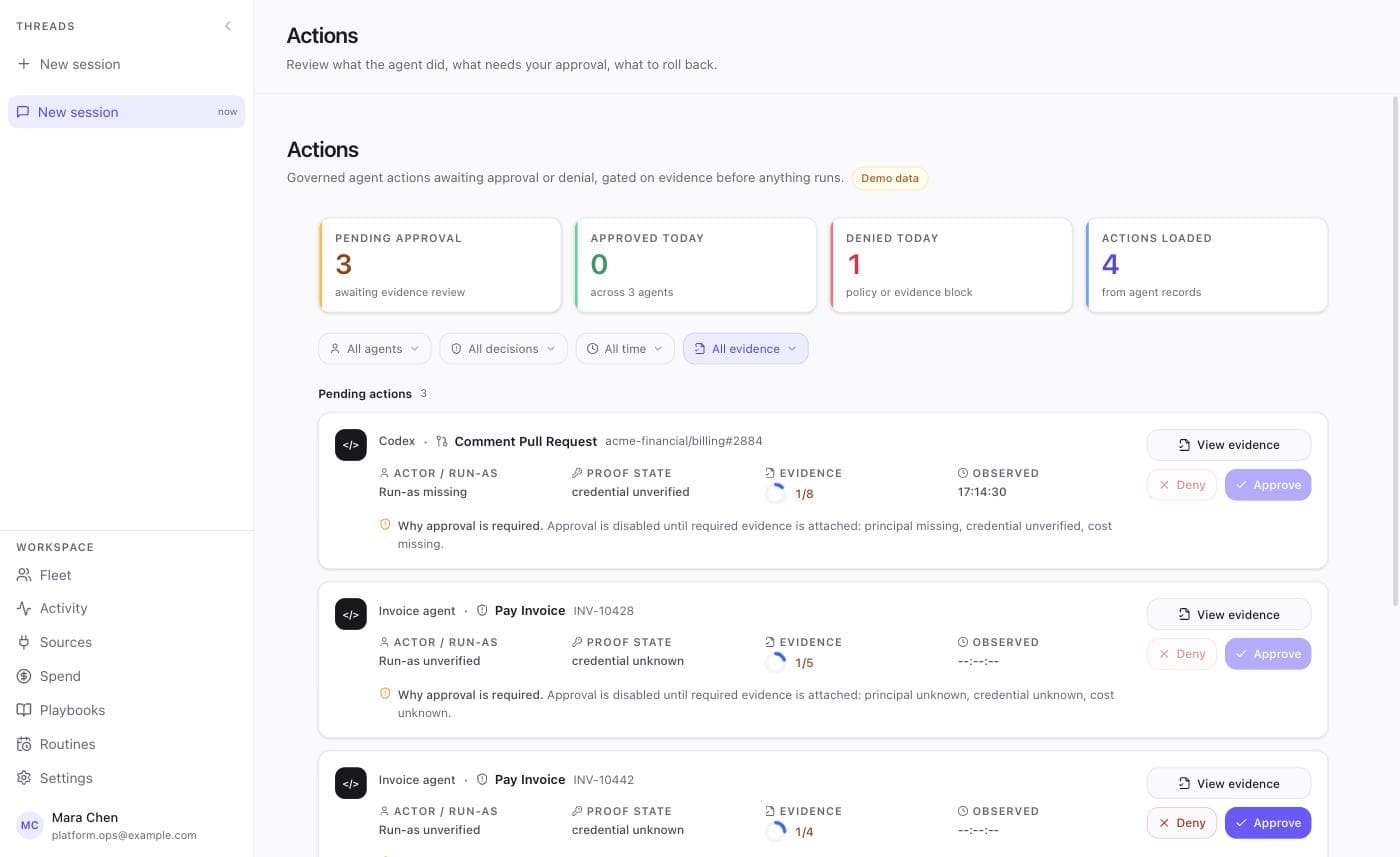 Deixic Actions screen: pending agent actions with actor, proof state, evidence counts, and approve and deny buttons gated on evidence