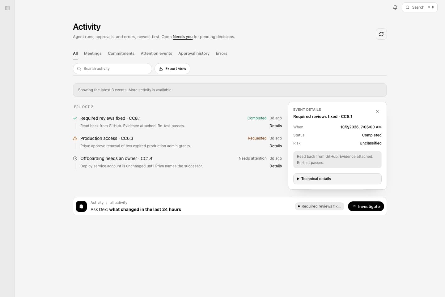 Deixic Activity screen showing agent actions and decisions with filters for attention, approvals, and errors