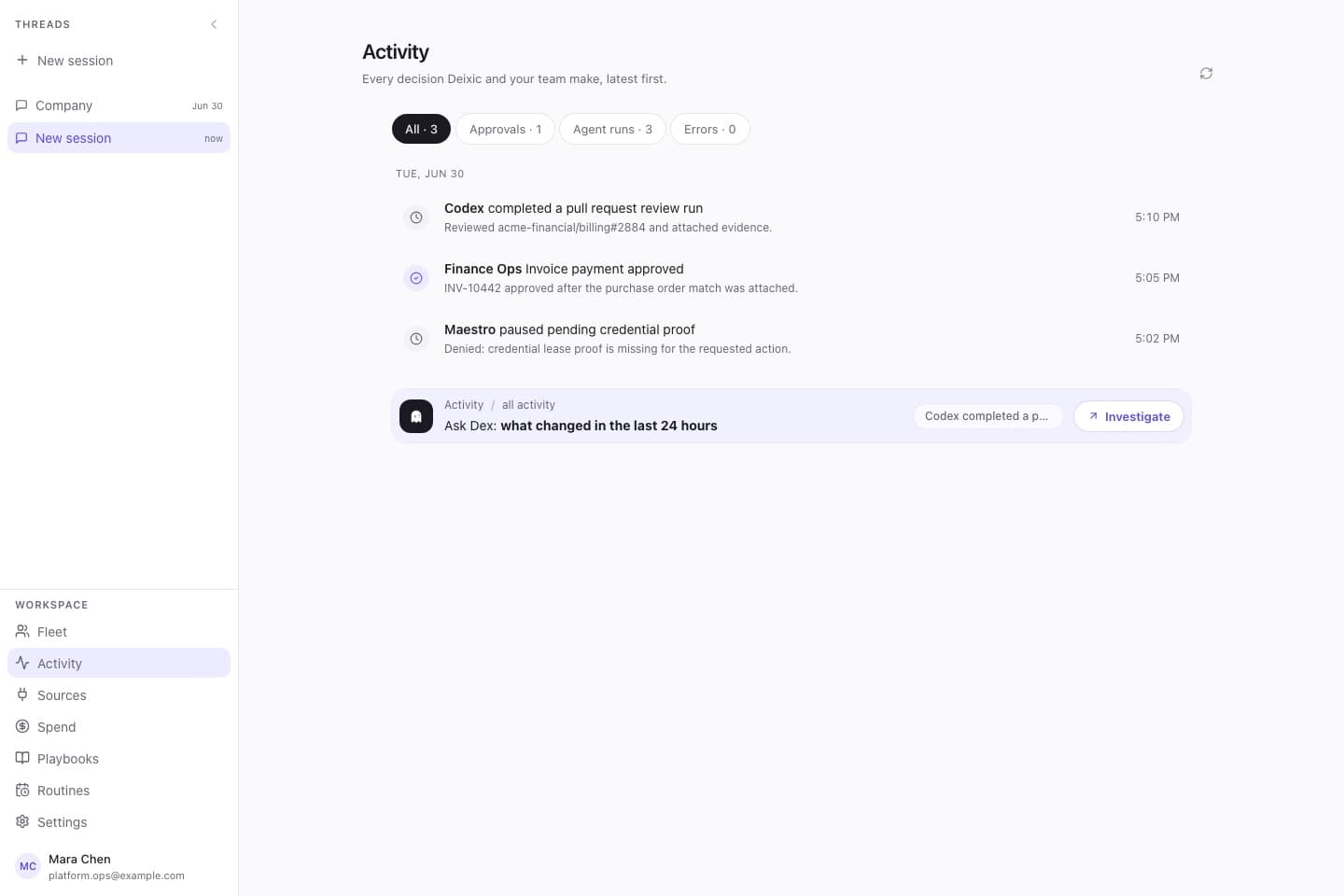 Deixic Activity screen: a timeline of agent runs and decisions with filters for approvals, agent runs, and errors