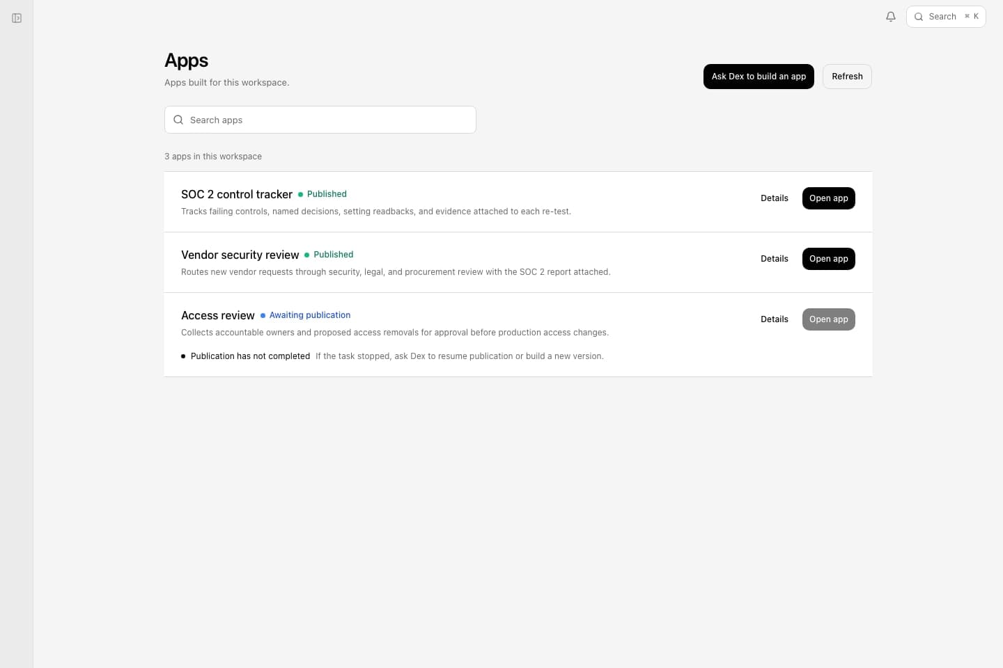 The Apps page in Deixic, listing a SOC 2 control tracker and vendor security review app as published, with access review awaiting publication.