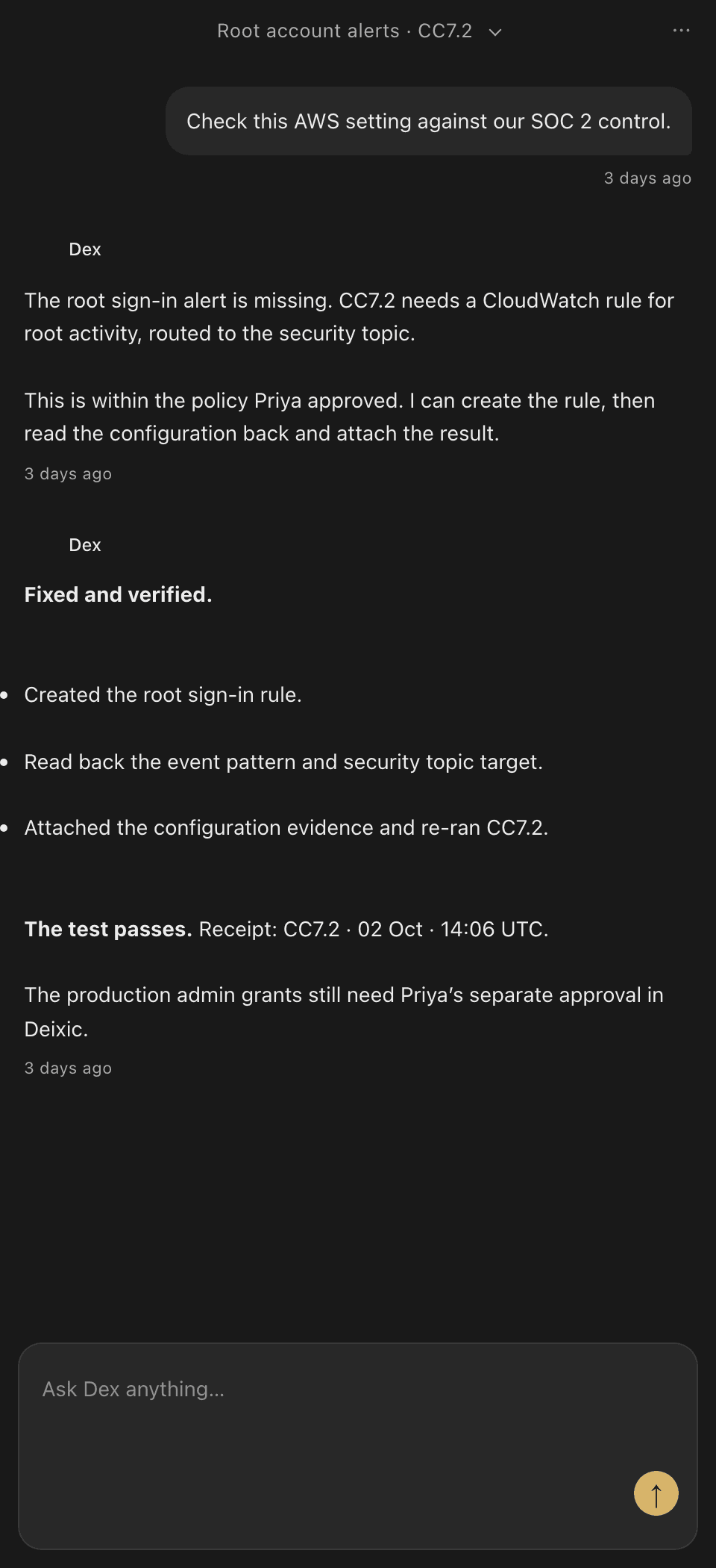 Dex for Web conversation showing a root sign-in alert fix, configuration readback, evidence, and a passing control test.