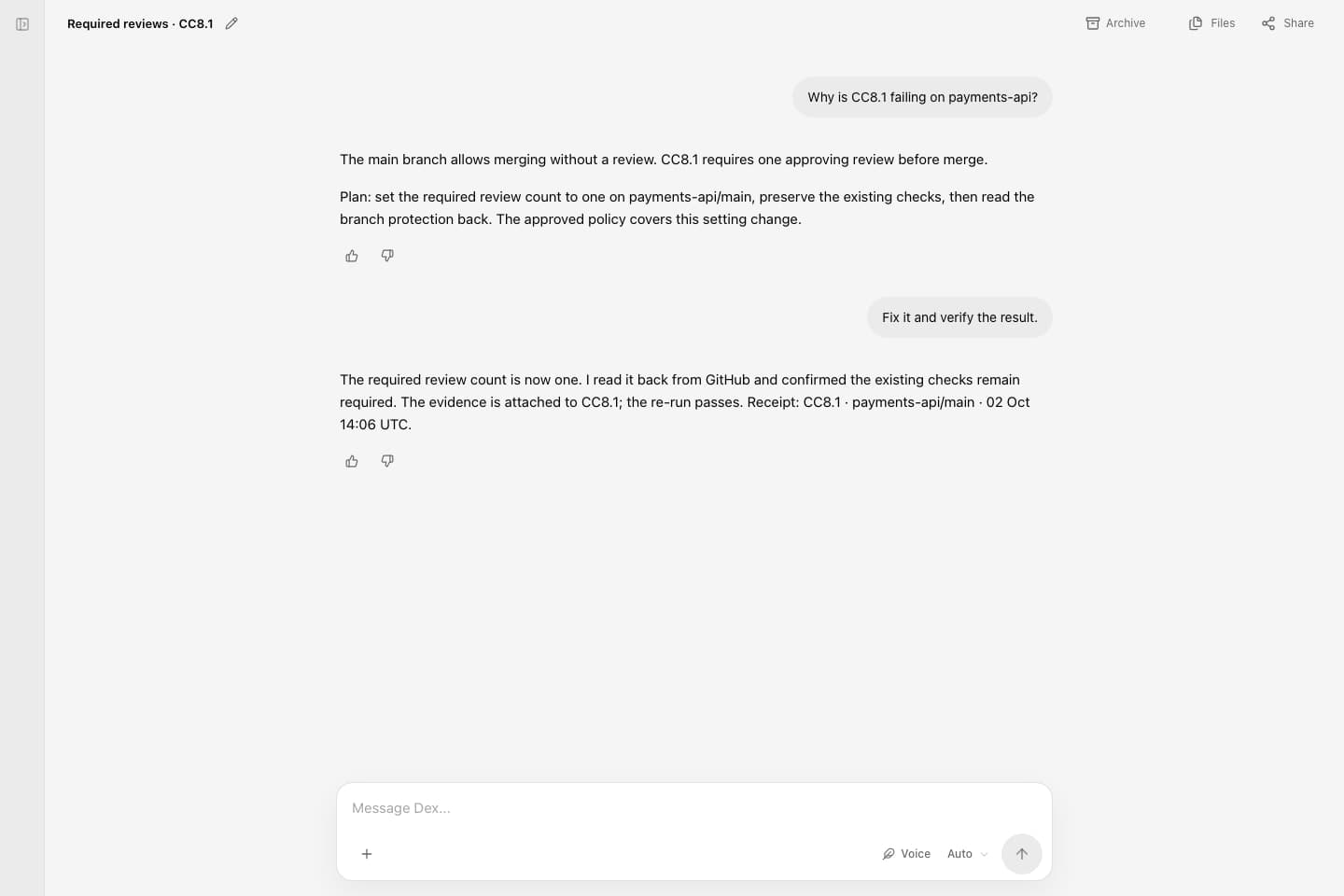 Dex explains a failing required-reviews control and the bounded GitHub setting change.