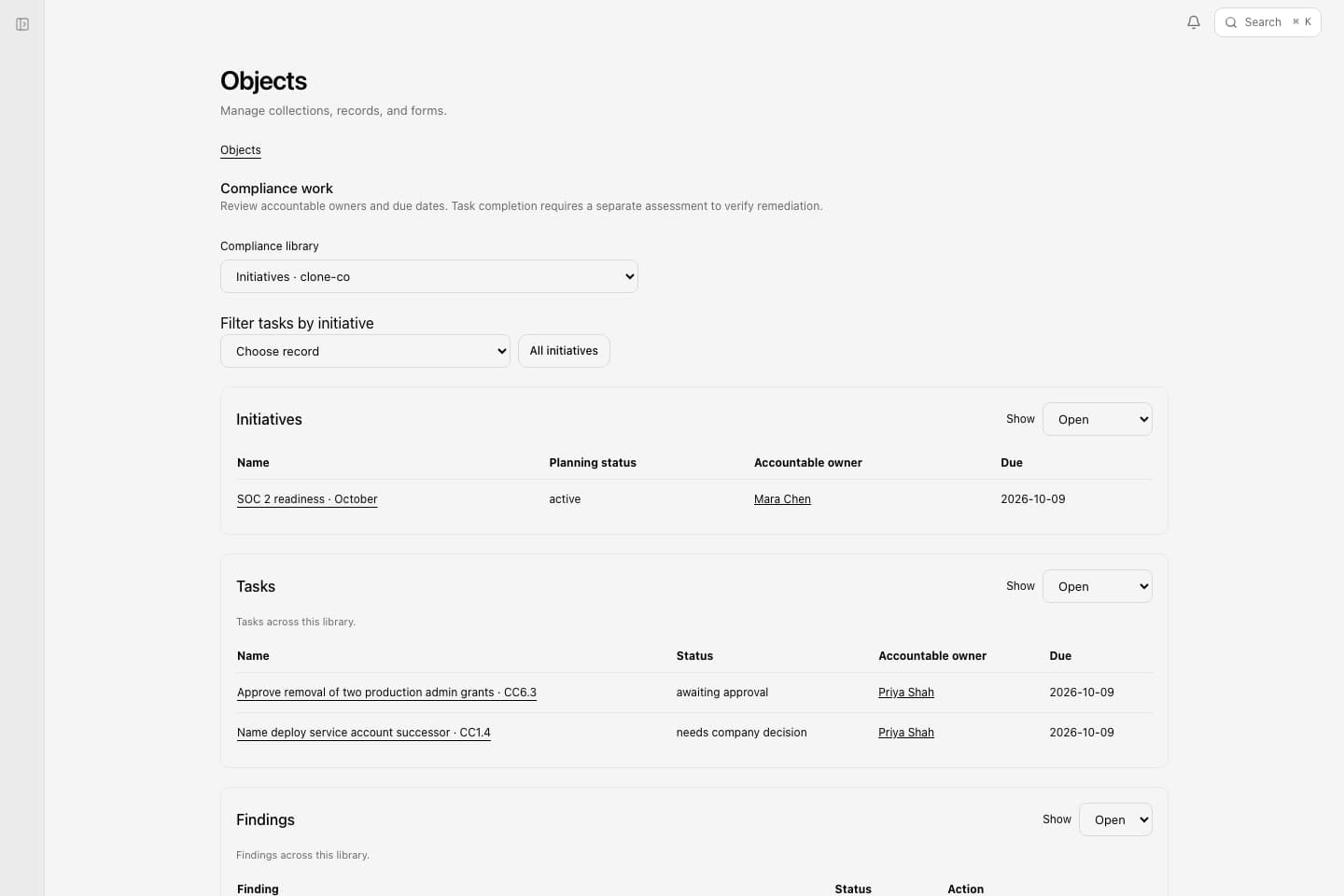 Compliance work showing open tasks, accountable owners, due dates, and findings.
