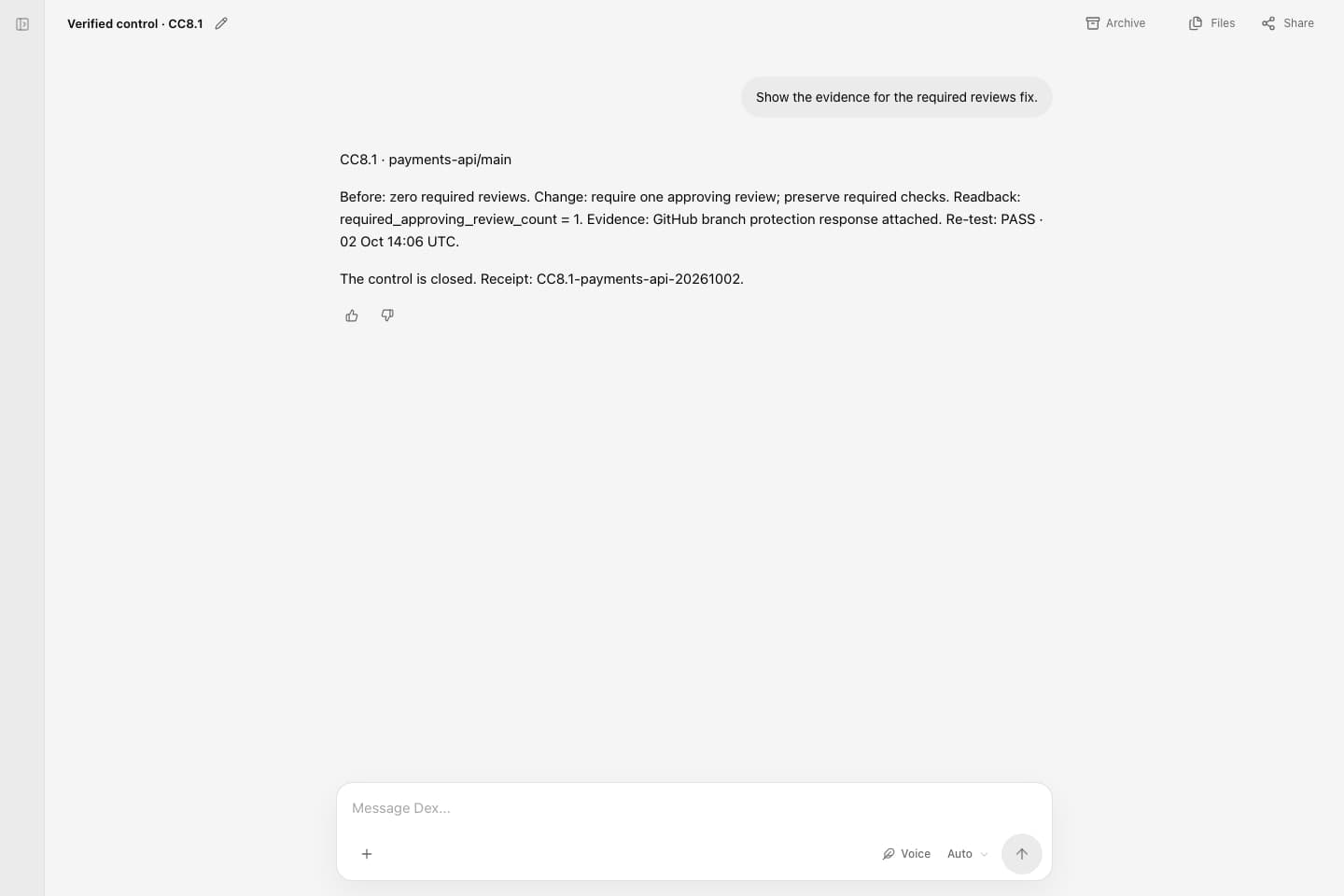 A control thread lists the before and after setting, readback evidence, and passing re-test.