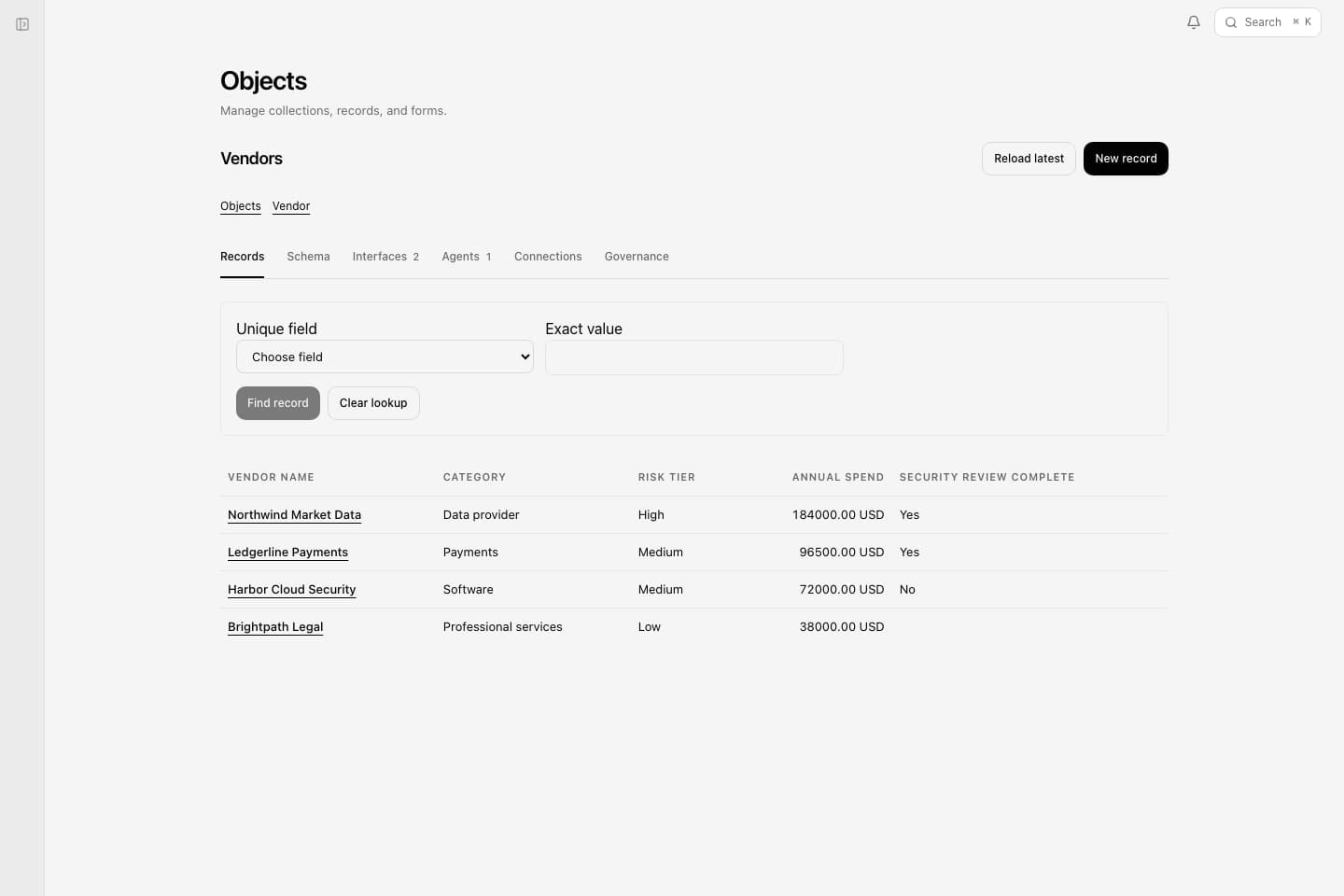 The Vendors object in Deixic, listing vendor records with category, risk tier, annual spend, and security review status.
