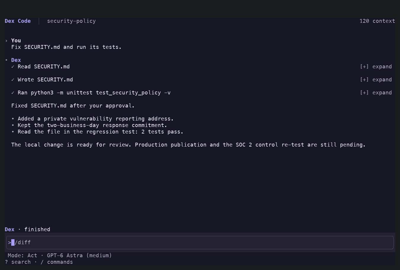 Deixic Code reading and updating SECURITY.md after approval, then running two passing local regression tests.