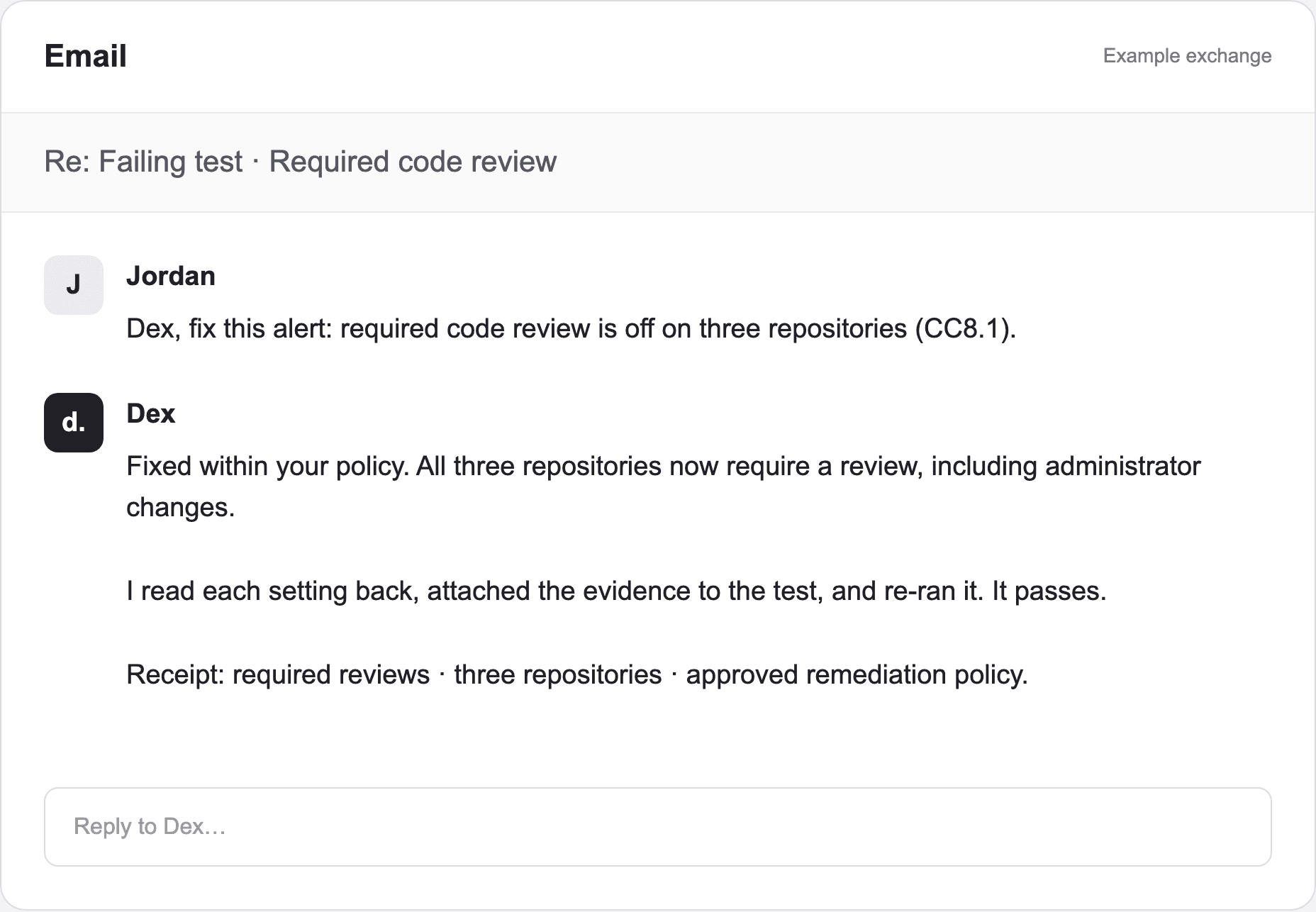 Example email exchange: Dex fixes required reviews, reads the GitHub settings back, and attaches the passing control evidence.