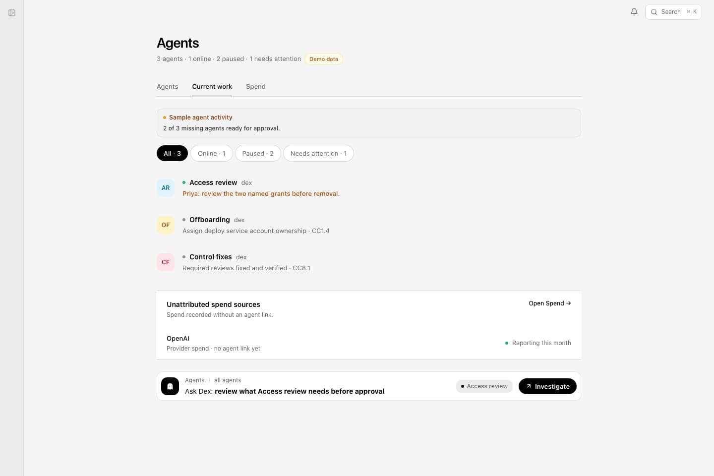Deixic Agents screen showing owners, current activity, and status
