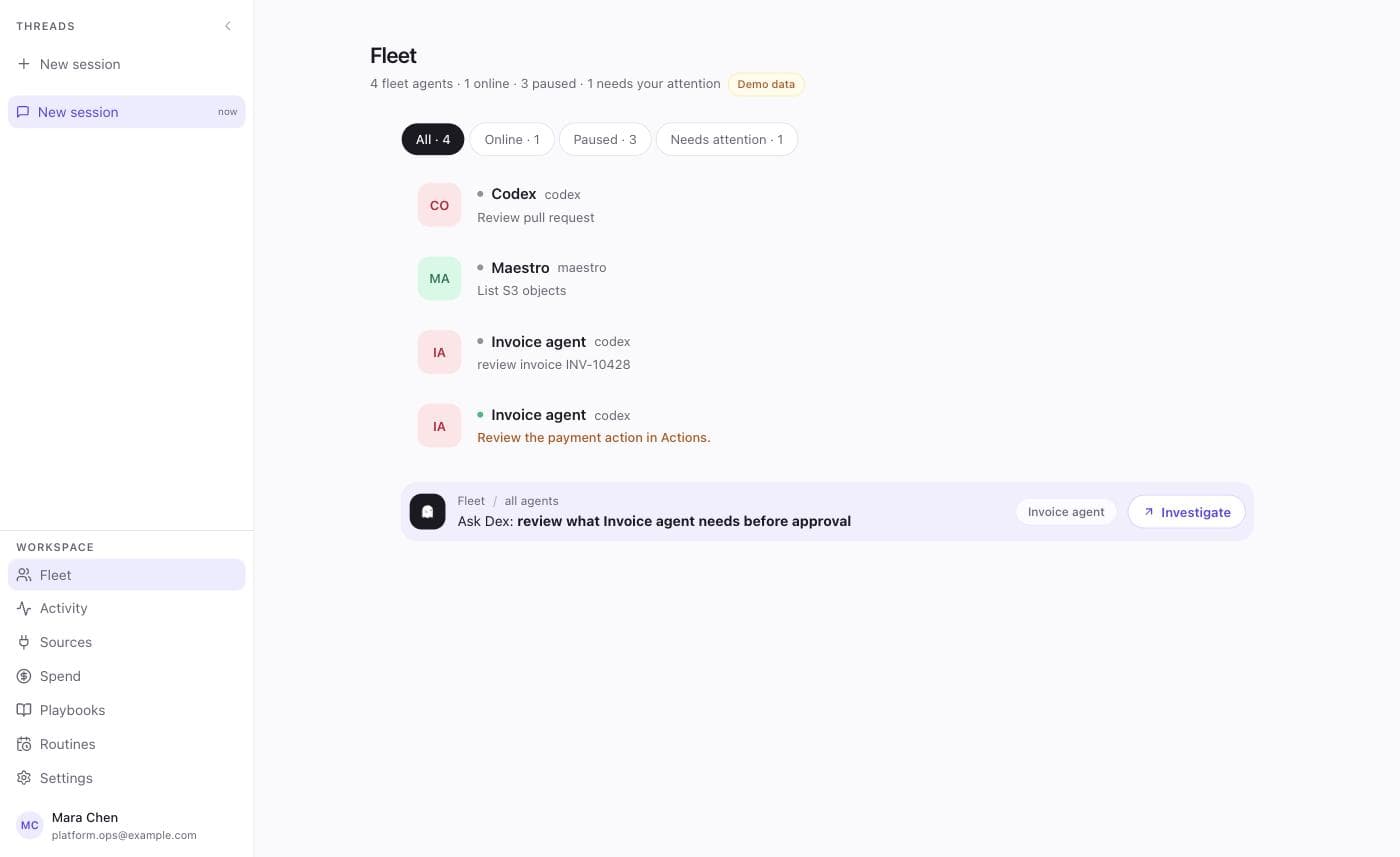 Deixic Fleet screen: four agents with live status, current work, and filters for online, paused, and needs attention