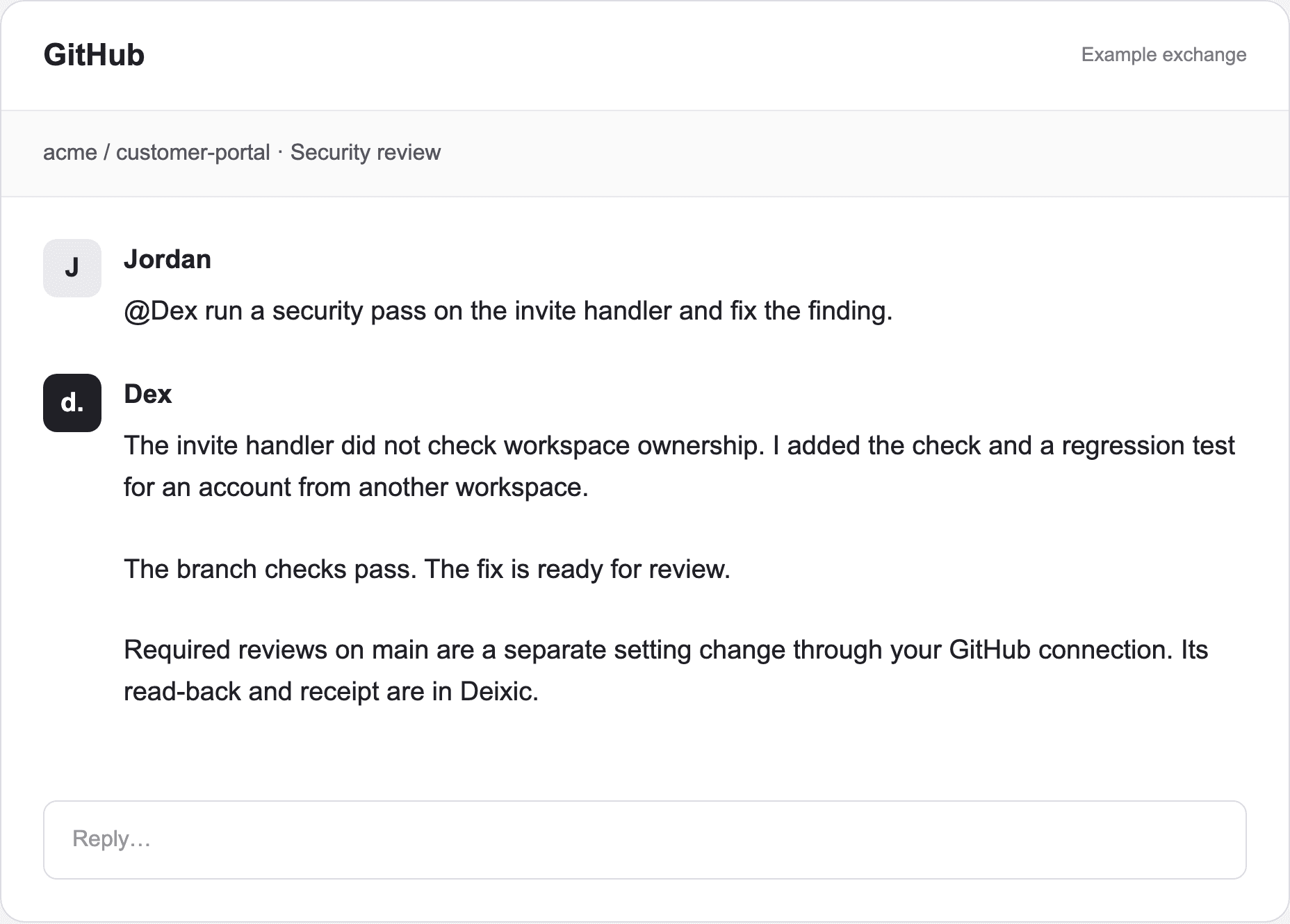 Example pull request exchange: Dex repairs a missing workspace ownership check and reports the regression test and required checks.