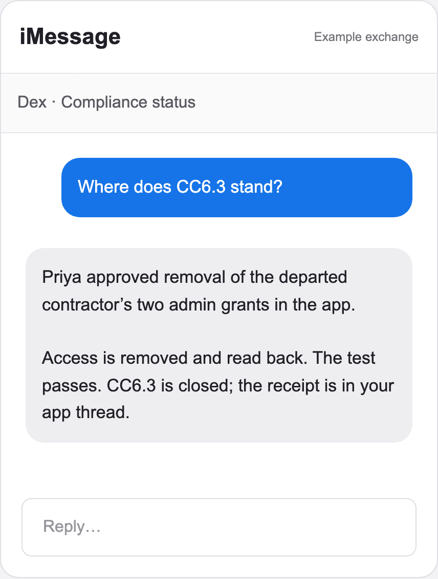 Example iMessage exchange reporting production-access closure after approval in the Deixic app.