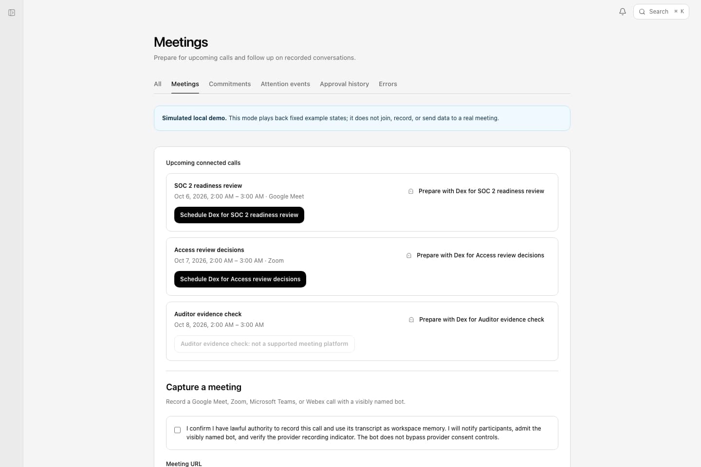 The Meetings page in Deixic, listing upcoming Google Meet and Zoom calls with options to schedule Dex and prepare with Dex.