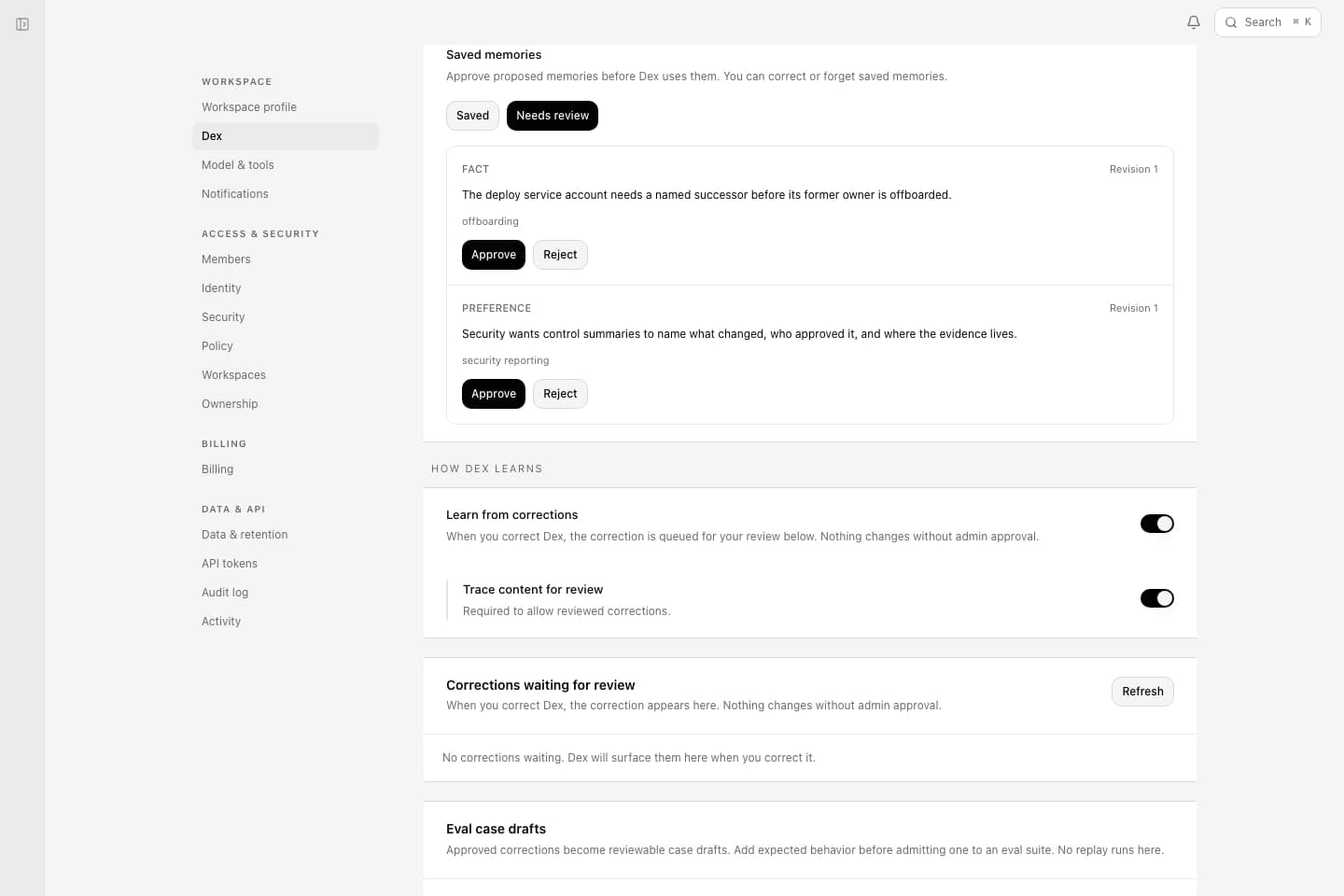 Dex memory settings in Deixic, with workspace and personal memory switched on and two proposed memories waiting for approval.