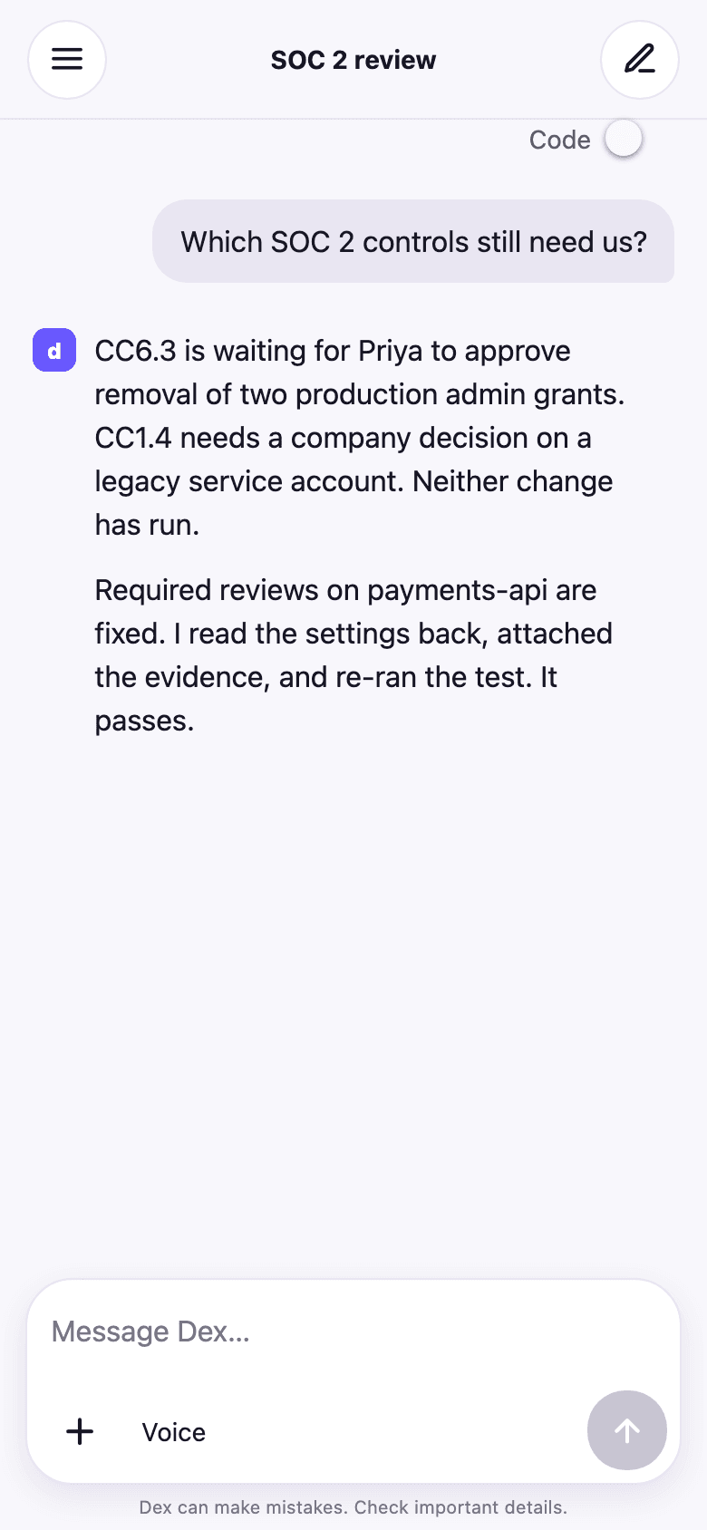 Deixic mobile conversation showing a verified required-reviews fix and production-access approval waiting for Priya.