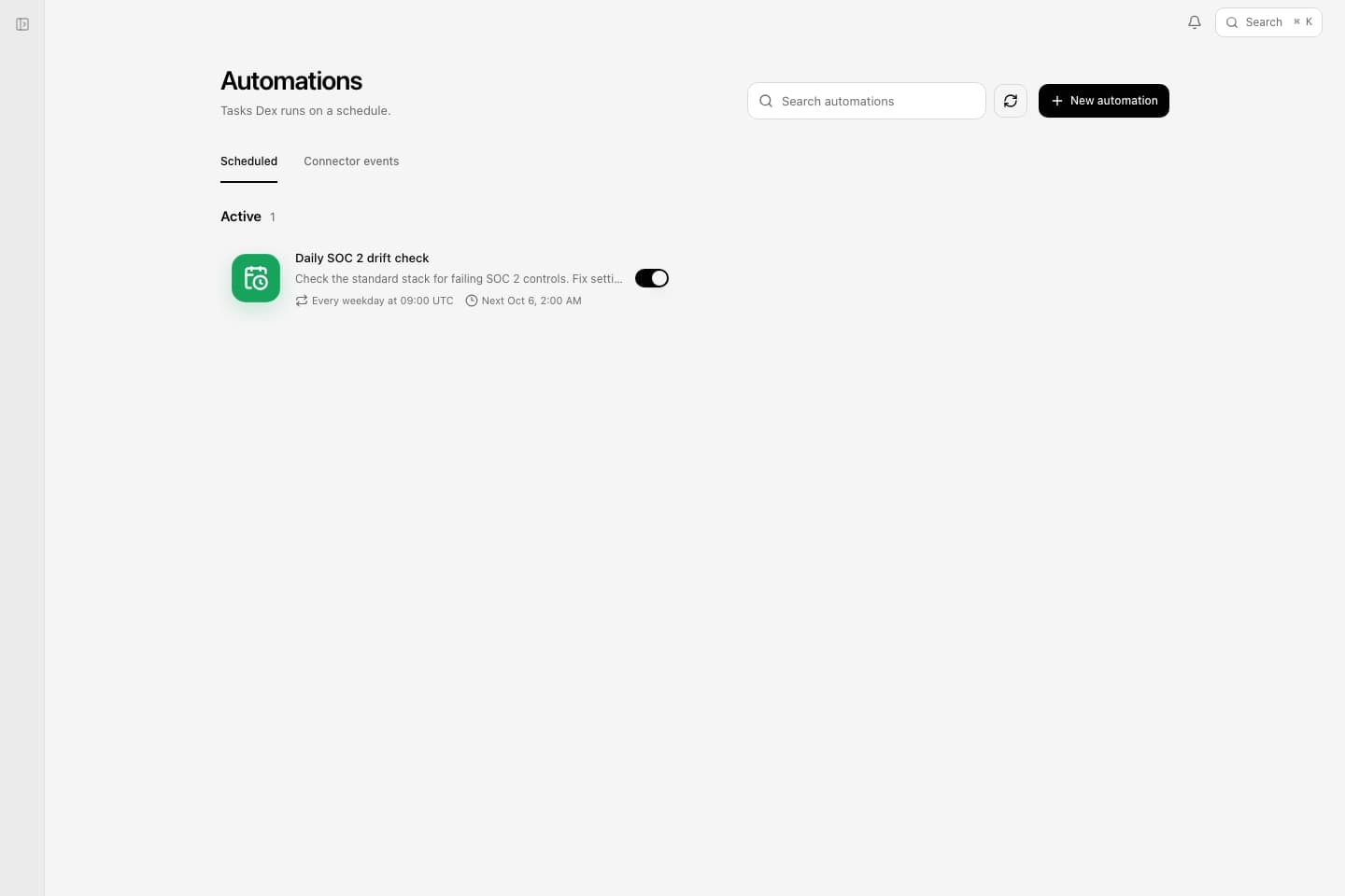 The Routines page in Deixic, showing a daily SOC 2 drift check with its task, approval setting, and per-run limits.
