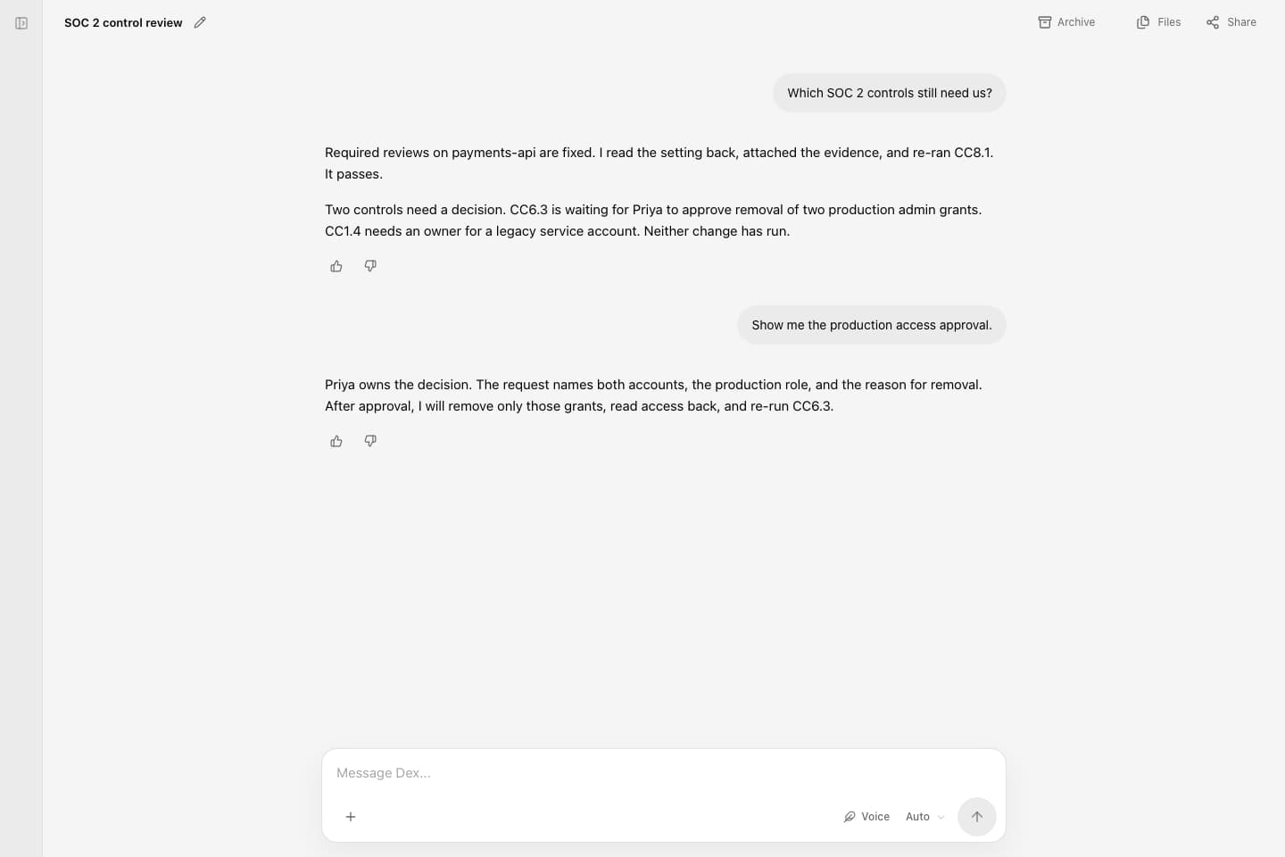 A SOC 2 thread in Deixic with a verified required-reviews fix, a named production-access approval, and a company decision still open.