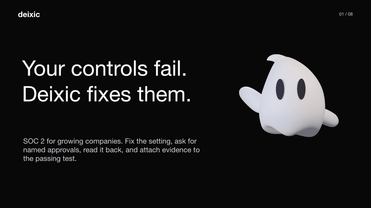 Product story deck cover: Your controls fail. Deixic fixes them, with Dex