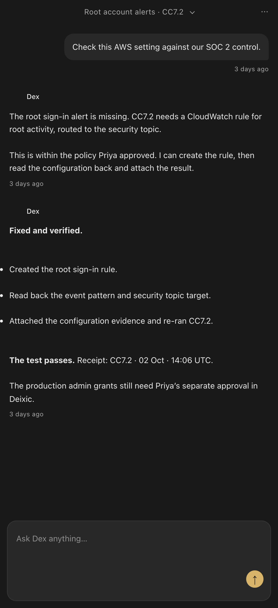 Dex for Web conversation showing a root sign-in alert fix, configuration readback, evidence, and a passing control test.