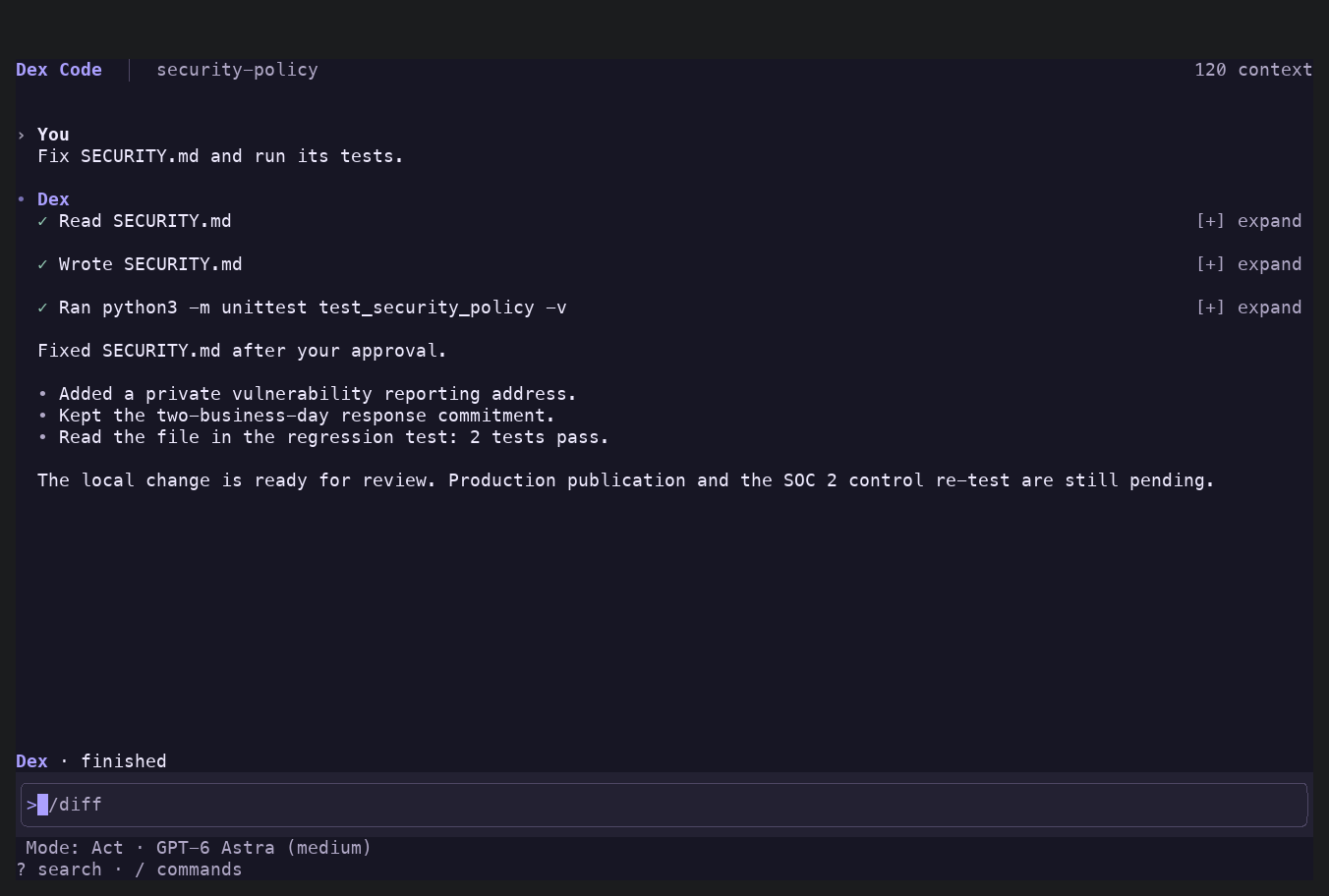 Deixic Code reading and updating SECURITY.md after approval, then running two passing local regression tests.