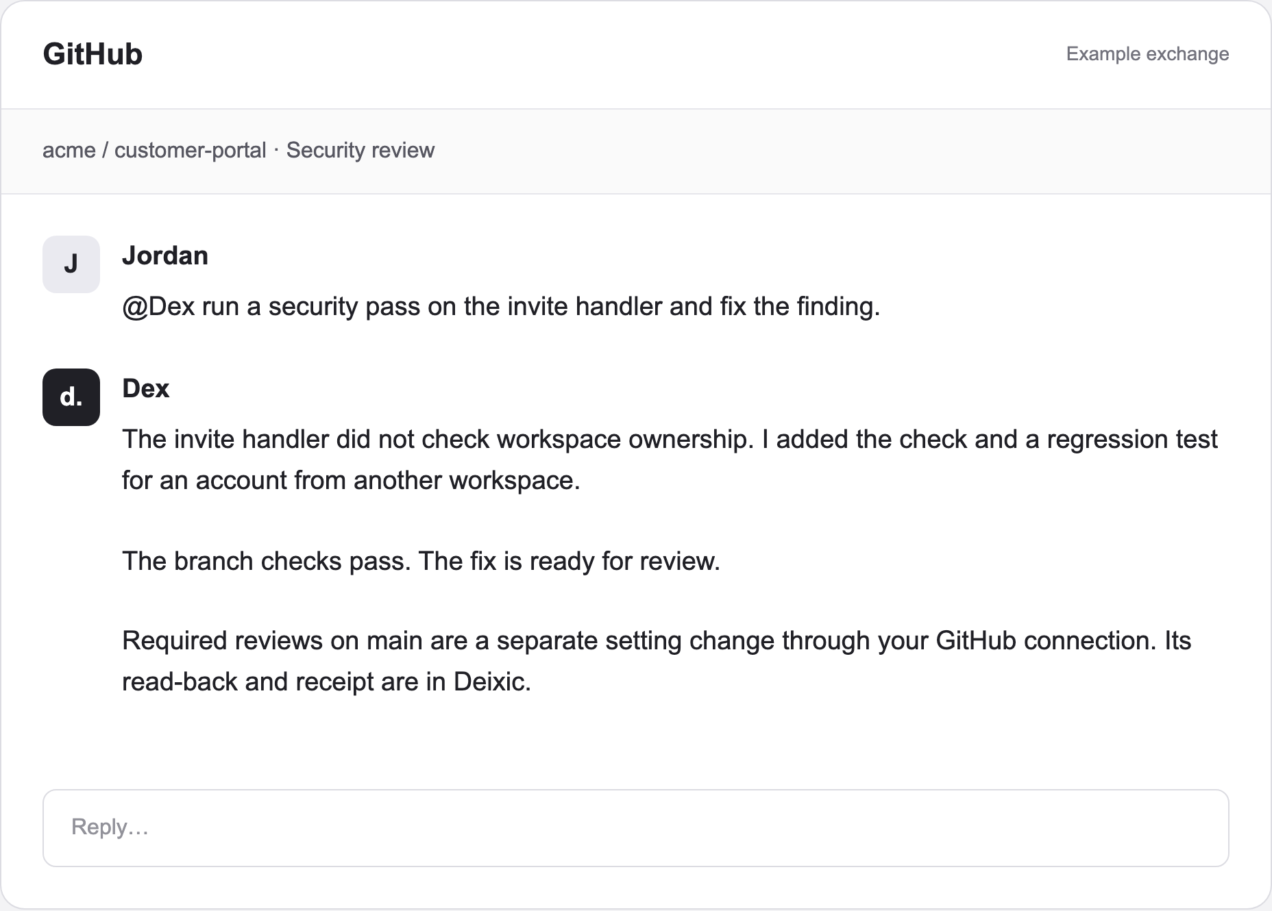 Example pull request exchange: Dex repairs a missing workspace ownership check and reports the regression test and required checks.