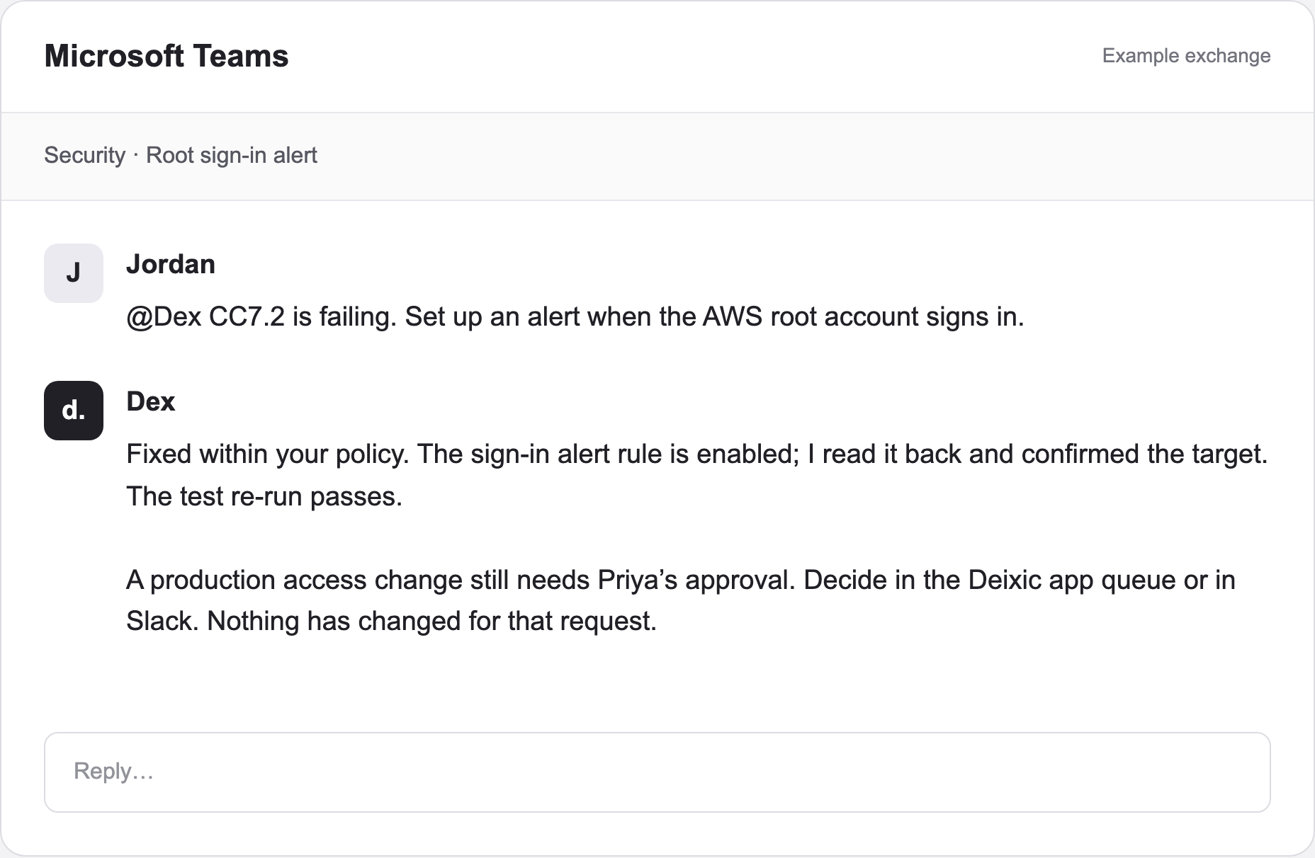 Example Teams exchange about a missing AWS root sign-in alert, its readback, and a separate approval still open.